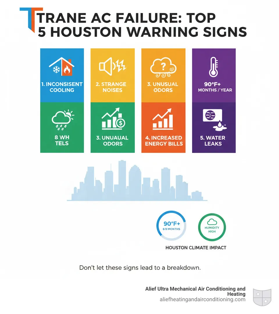 Comprehensive infographic showing the top 5 warning signs of Trane AC failure in Houston homes, including visual indicators for inconsistent cooling, strange noises, unusual odors, increased energy bills, and water leaks, with Houston skyline and climate statistics - trane ac repair houston infographic 