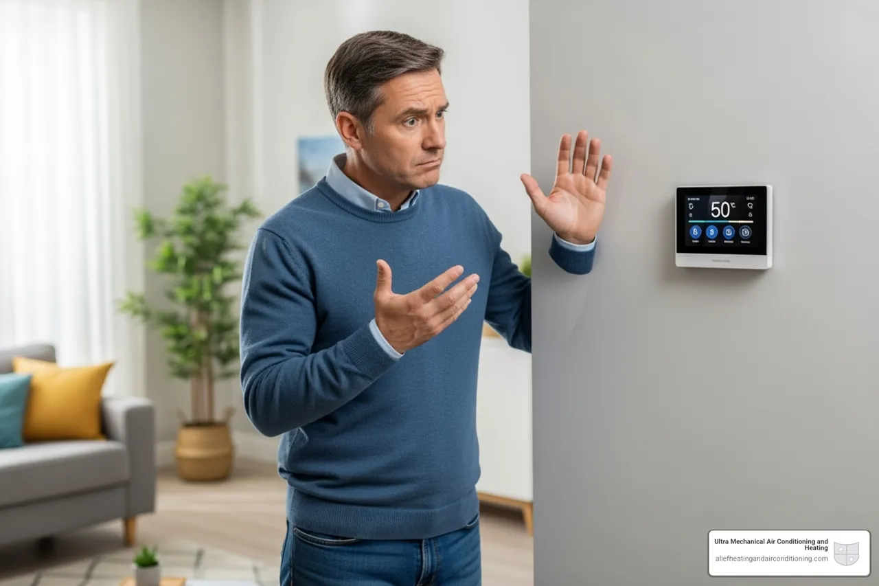 homeowner looking quizzically at a thermostat - heating maintenance houston