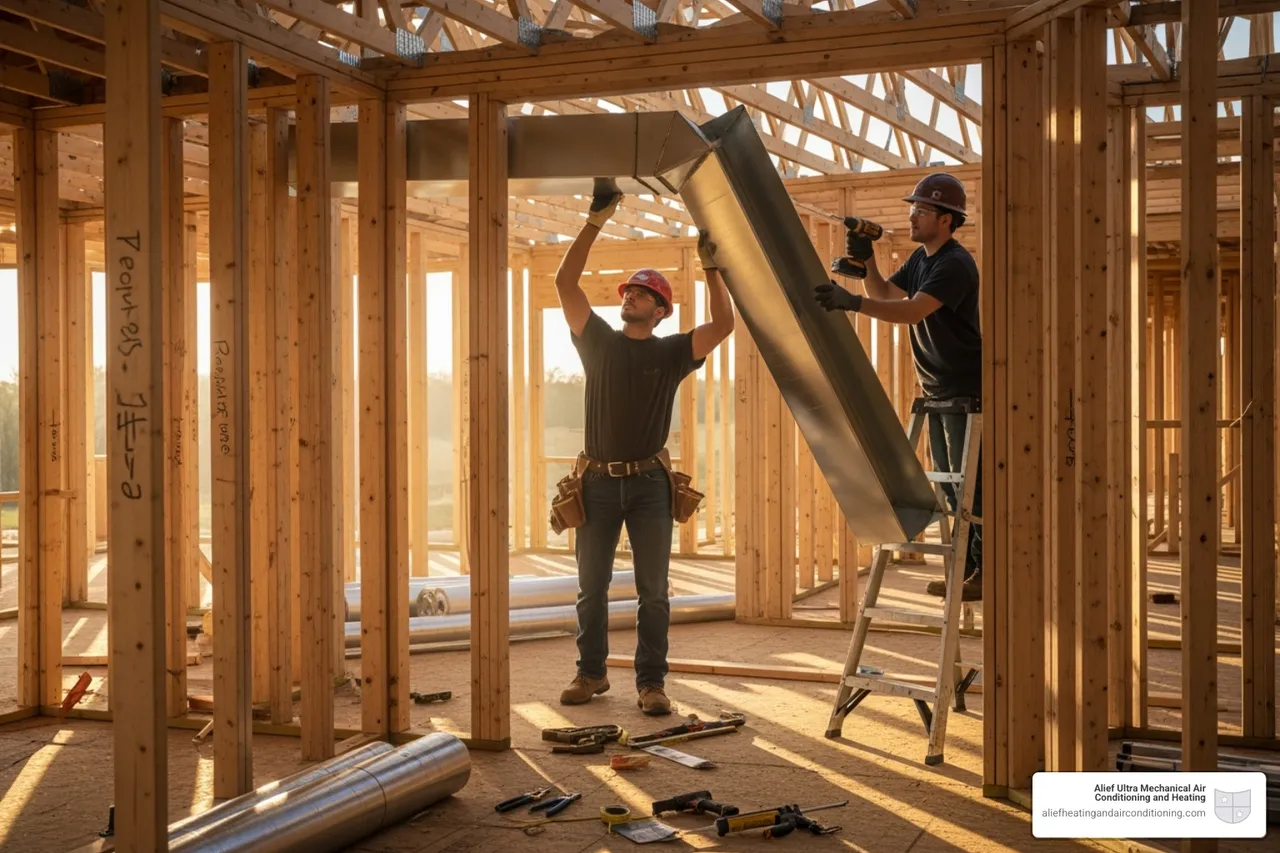 technicians carefully installing ductwork within the wooden frame of a new house - new construction hvac houston