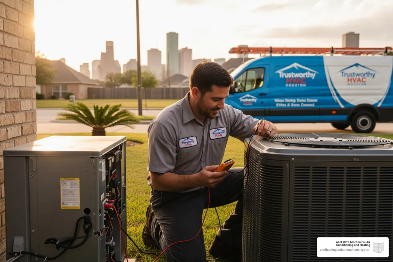 HVAC unit with arrows pointing to common problem areas like filters and coils - trustworthy hvac houston