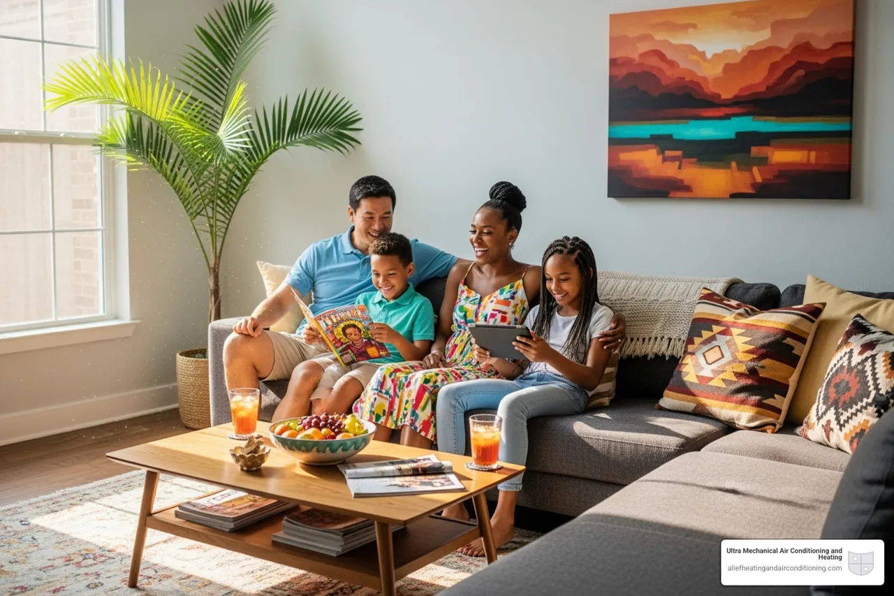 Family relaxing comfortably in their Houston living room - install trane hvac houston