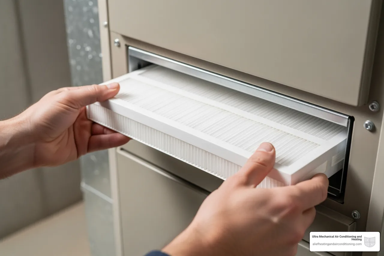 homeowner easily sliding a new, clean filter into a furnace - heating maintenance houston