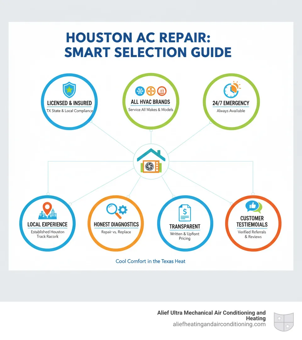 Comprehensive infographic showing Houston AC repair selection criteria including contractor licensing requirements, service capabilities for all HVAC brands, emergency availability hours, local experience indicators, diagnostic approach differences between honest repair vs replacement sales tactics, estimate transparency requirements, and customer testimonial verification methods - home ac repair houston infographic