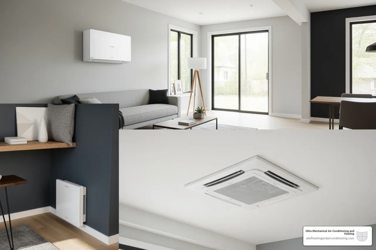 Different indoor unit types for mini-splits including wall-mount, ceiling cassette, and floor-mount - multi‑zone mini split houston
