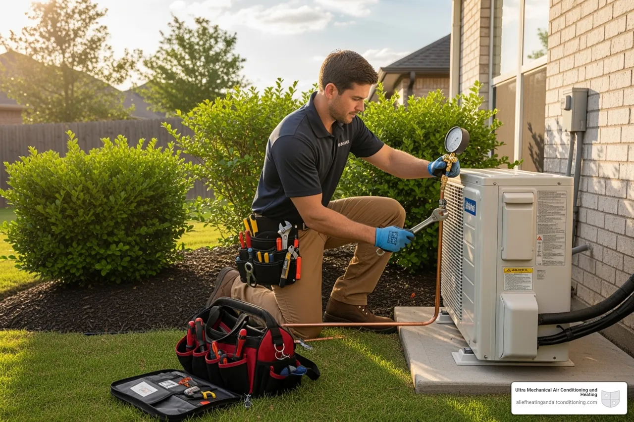 A technician performing maintenance on an outdoor mini-split unit - multi‑zone mini split houston
