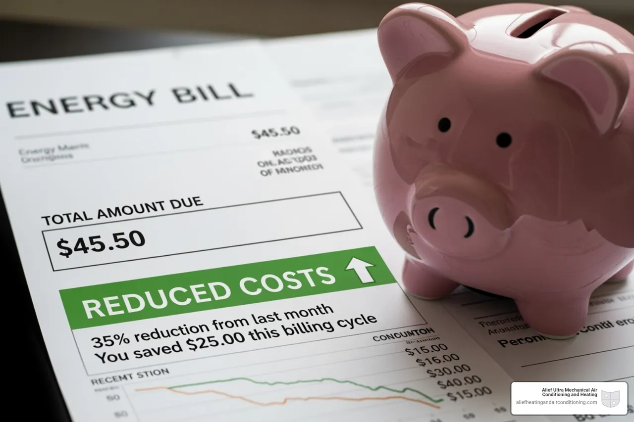 Piggy bank next to an energy bill showing significant savings - energy efficient hvac houston