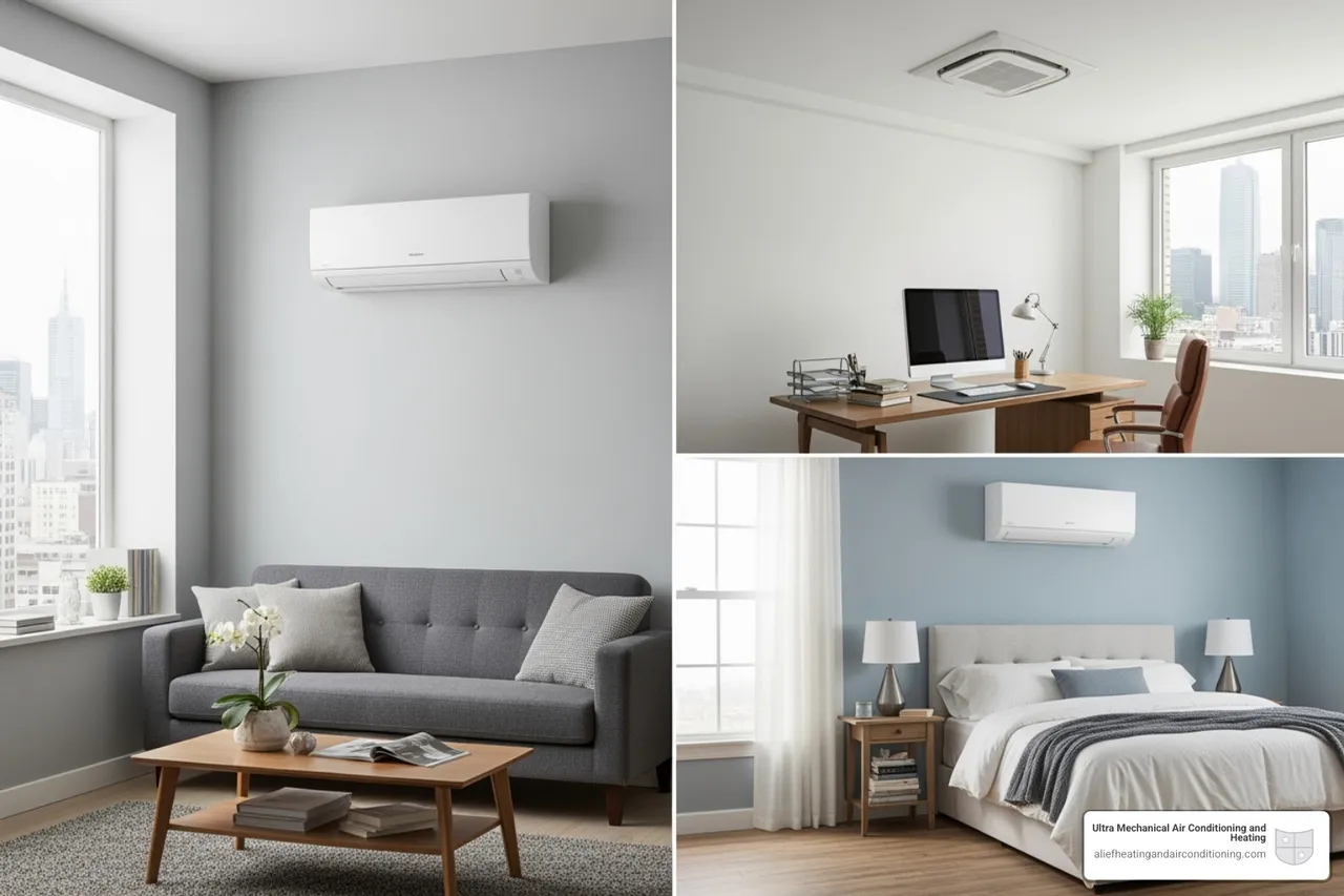 Image showing different types of indoor mini-split units including wall-mounted, ceiling cassette, and floor-mounted options in various room settings - mini split installation near me houston