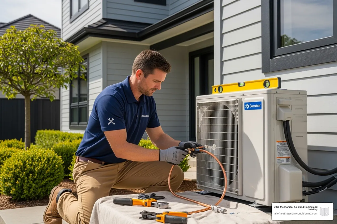 Professional HVAC technician carefully installing an outdoor mini-split unit, ensuring proper connections and leveling - mini split installation near me houston