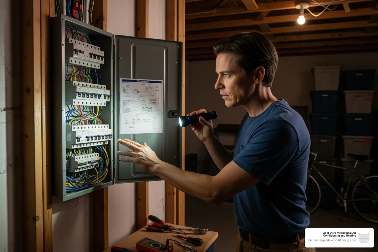 a homeowner checking the circuit breaker panel - thermostat repair houston