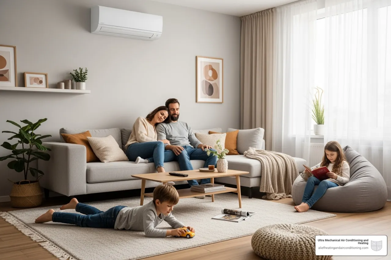 A family relaxing comfortably in a living room with a wall-mounted mini-split unit - multi zone mini split houston