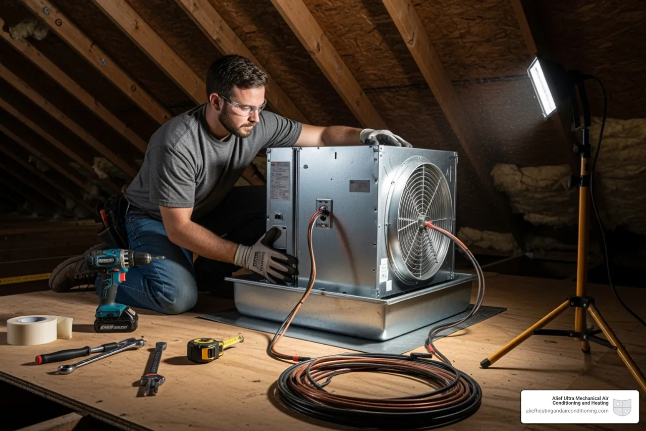 Professional HVAC technician carefully installing an indoor air handler - energy efficient hvac houston