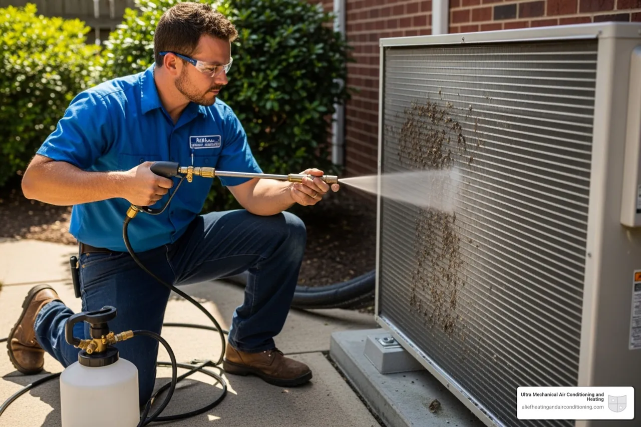 technician professionally cleaning the coils of an outdoor mini-split unit - split heater service houston