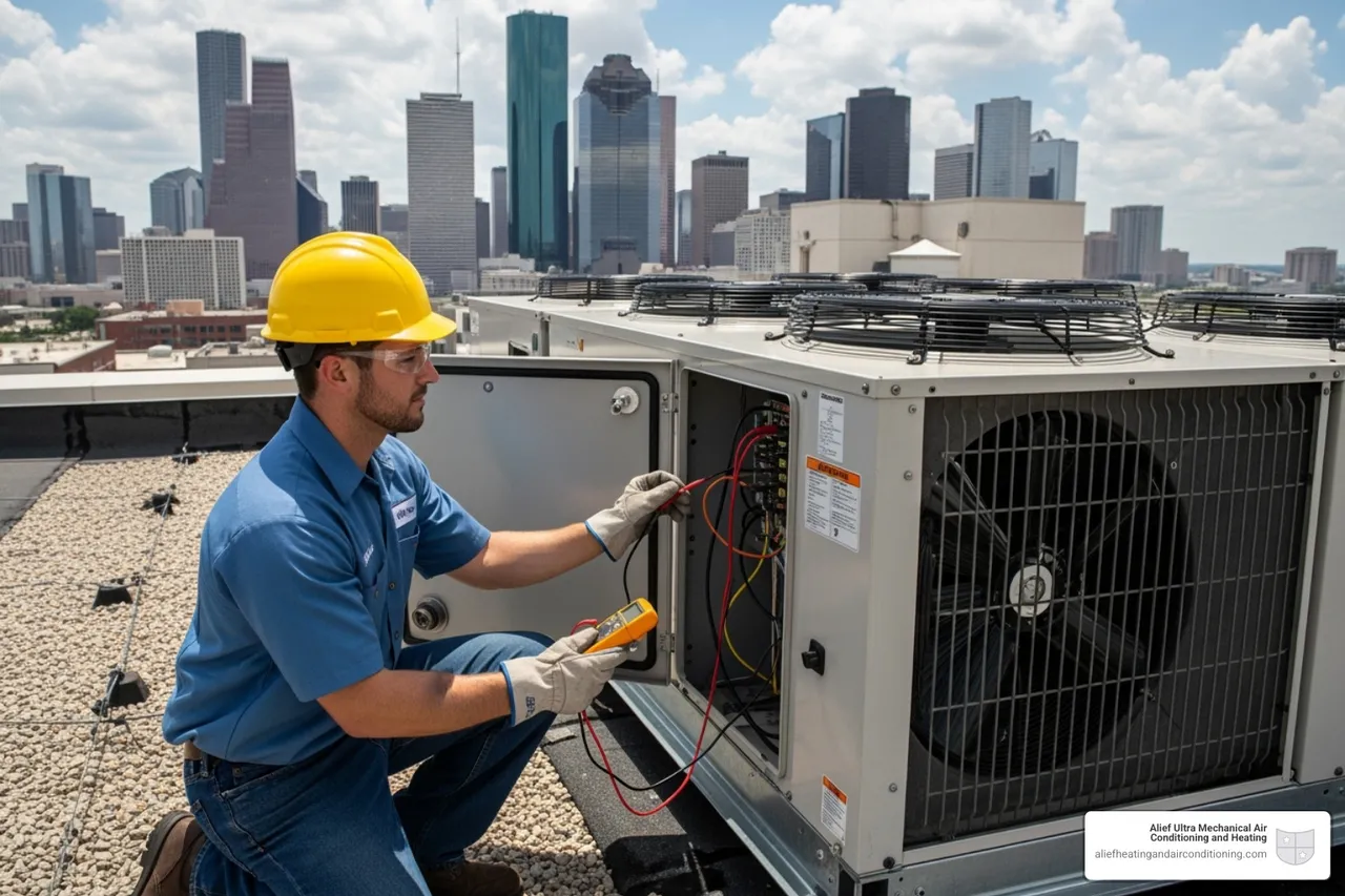 Technician servicing a commercial HVAC unit on a Houston rooftop with the city skyline in the background - commercial hvac maintenance houston