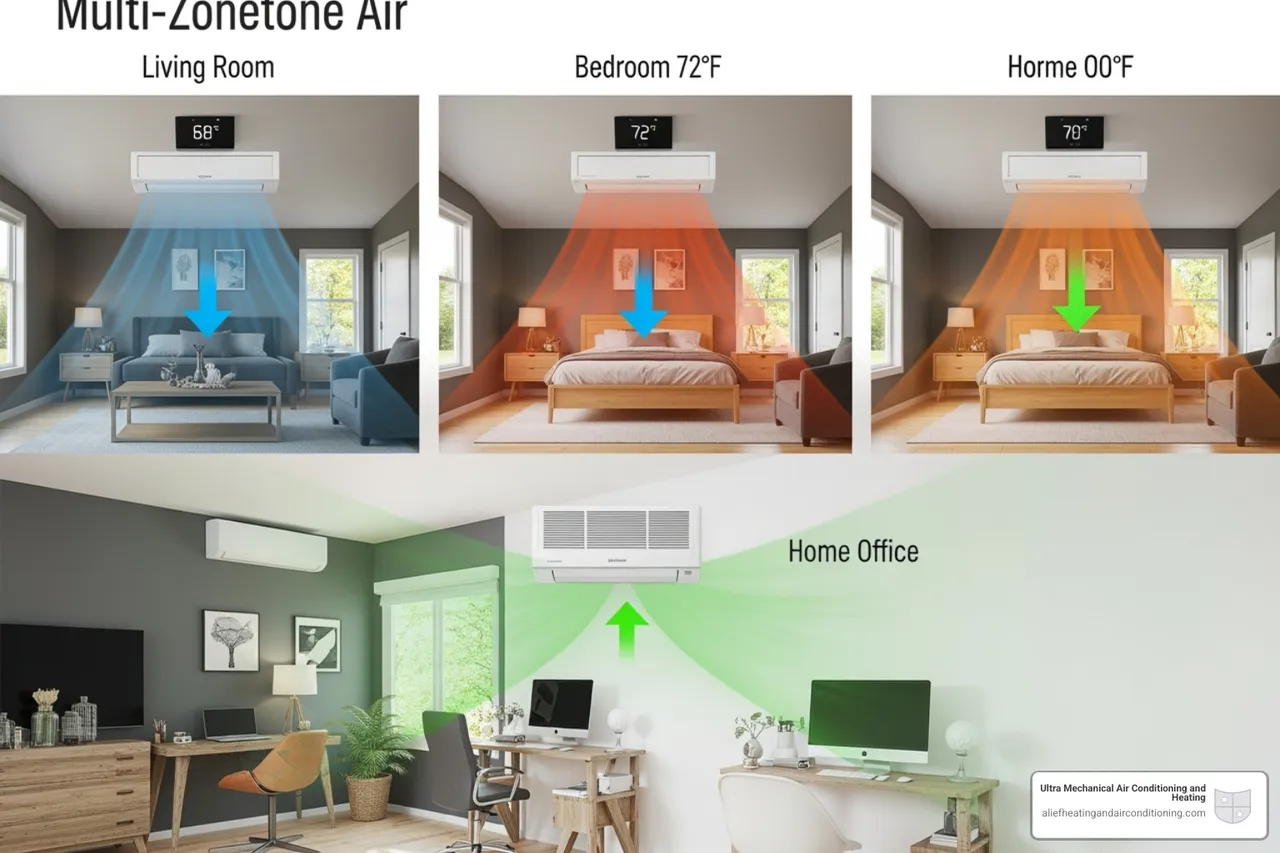 multi-zone mini-split system with arrows showing different temperatures in different rooms - split heater service houston