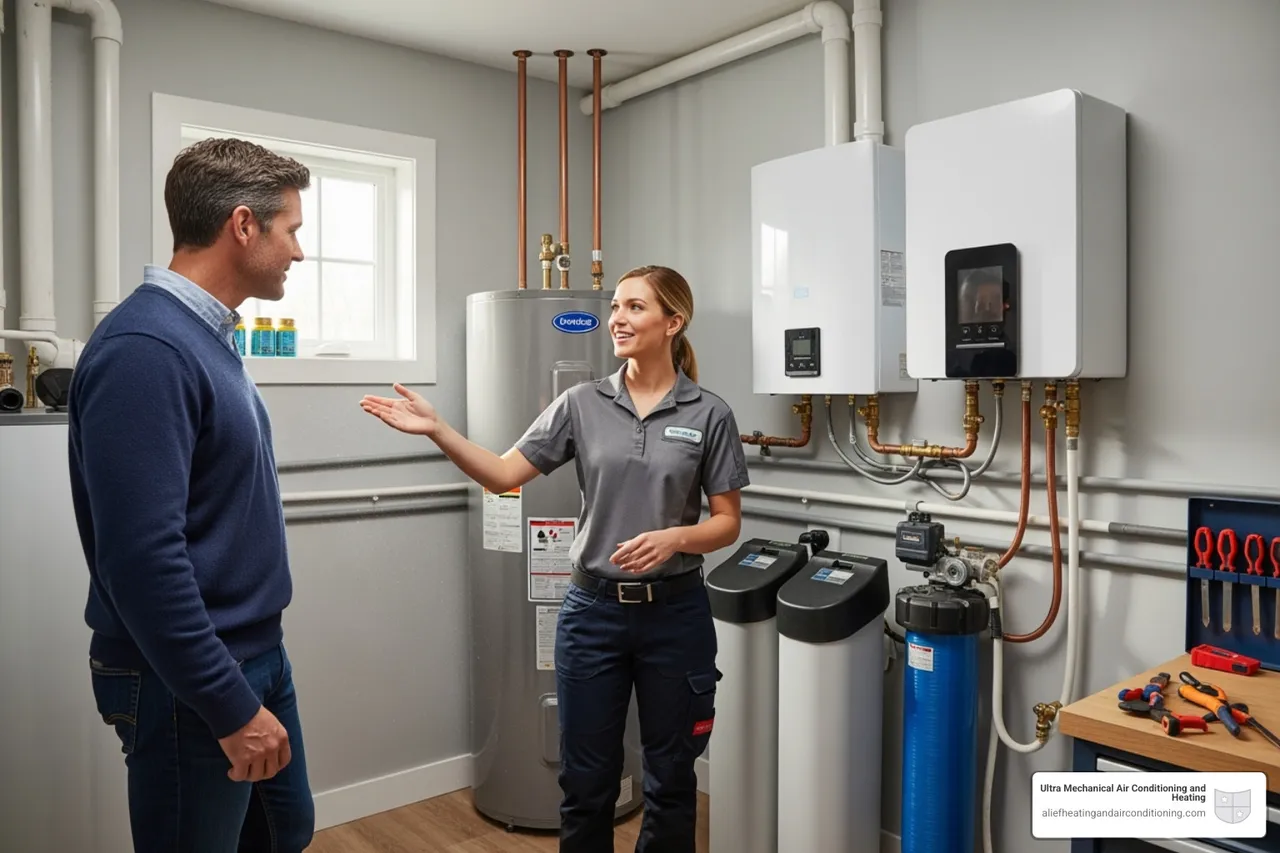 A homeowner discussing various water heater options with a friendly technician in a clean utility room - heater replacement houston